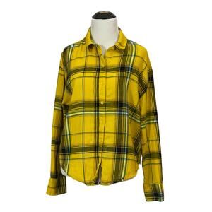BP Plaid Frayed Hem Flannel Button Up Top - Yellow Multi - Small
